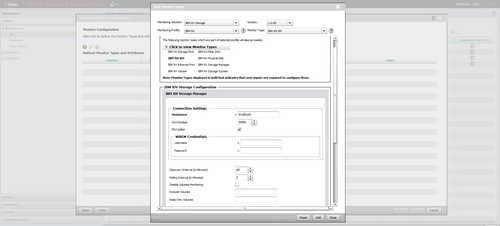 Define connection settings and setup monitoring options for any supported IBM XIV storage system.