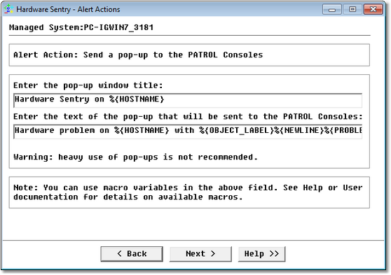 Editing Alert Actions — Alert Action: Send a Pop-up to the PATROL Consoles