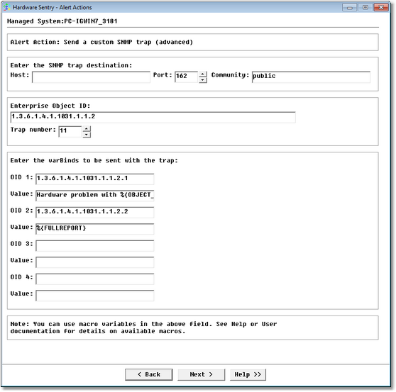 Editing Alert Actions — Alert Action: Send a Custom SNMP Trap