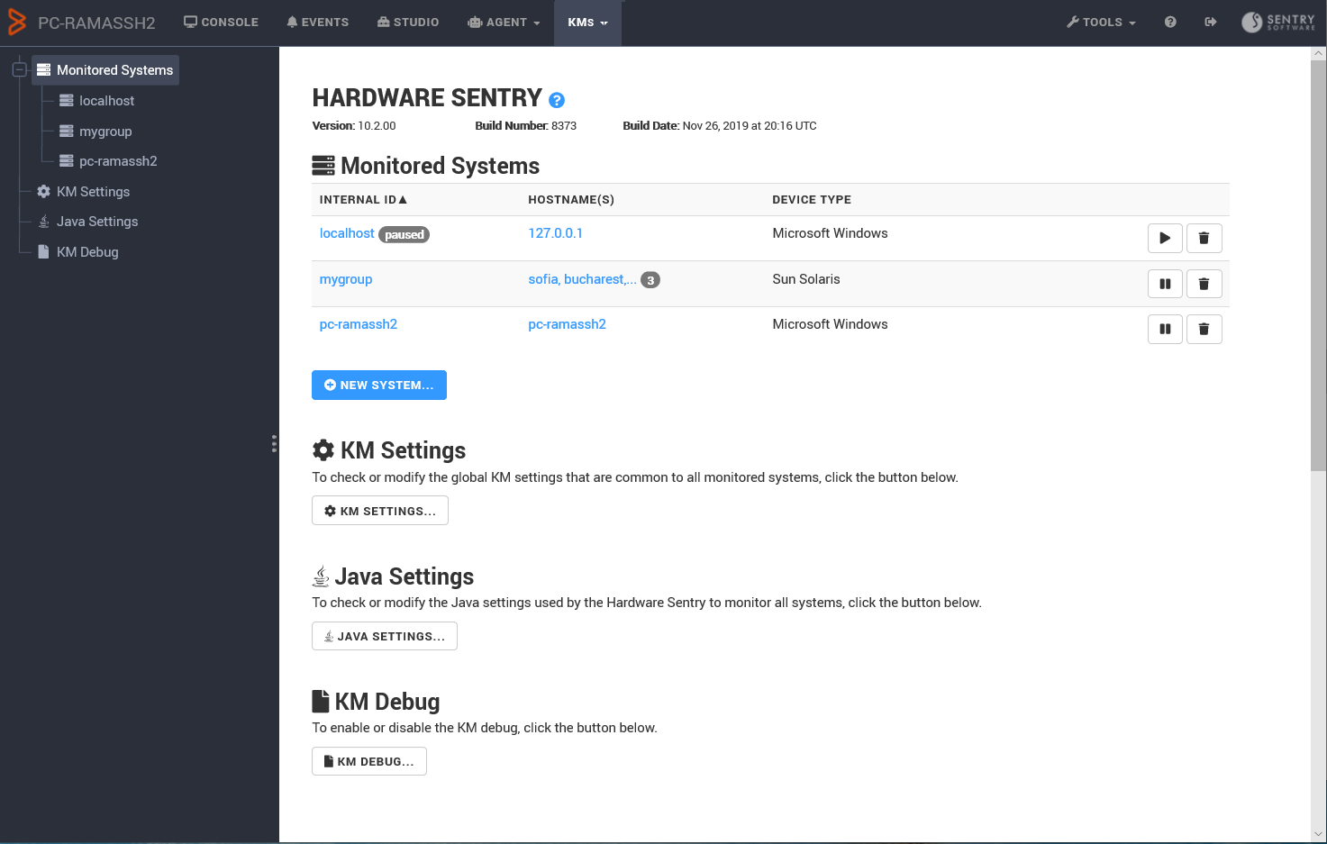 Hardware Sentry Monitored System page in Monitoring Studio Web Console