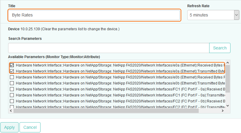 Selecting the Received Bytes Rate Parameter
