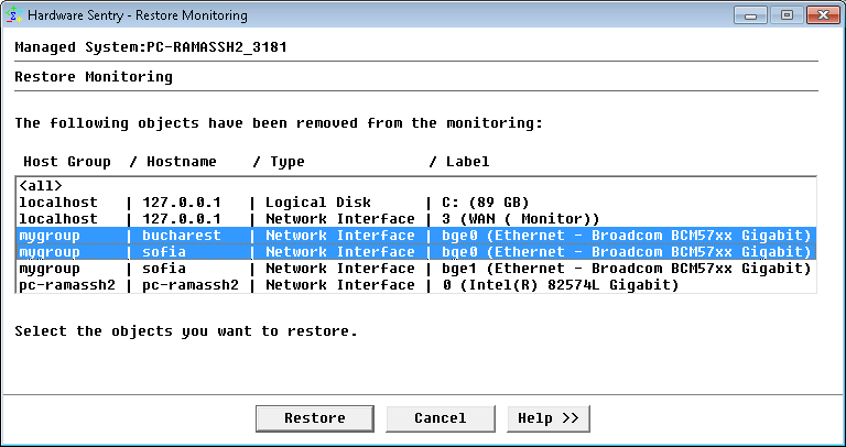 Restoring a Component/Device Monitoring — Selecting all