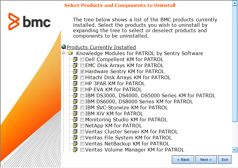 Uninstall Wizard — Selecting Products and Components Directory