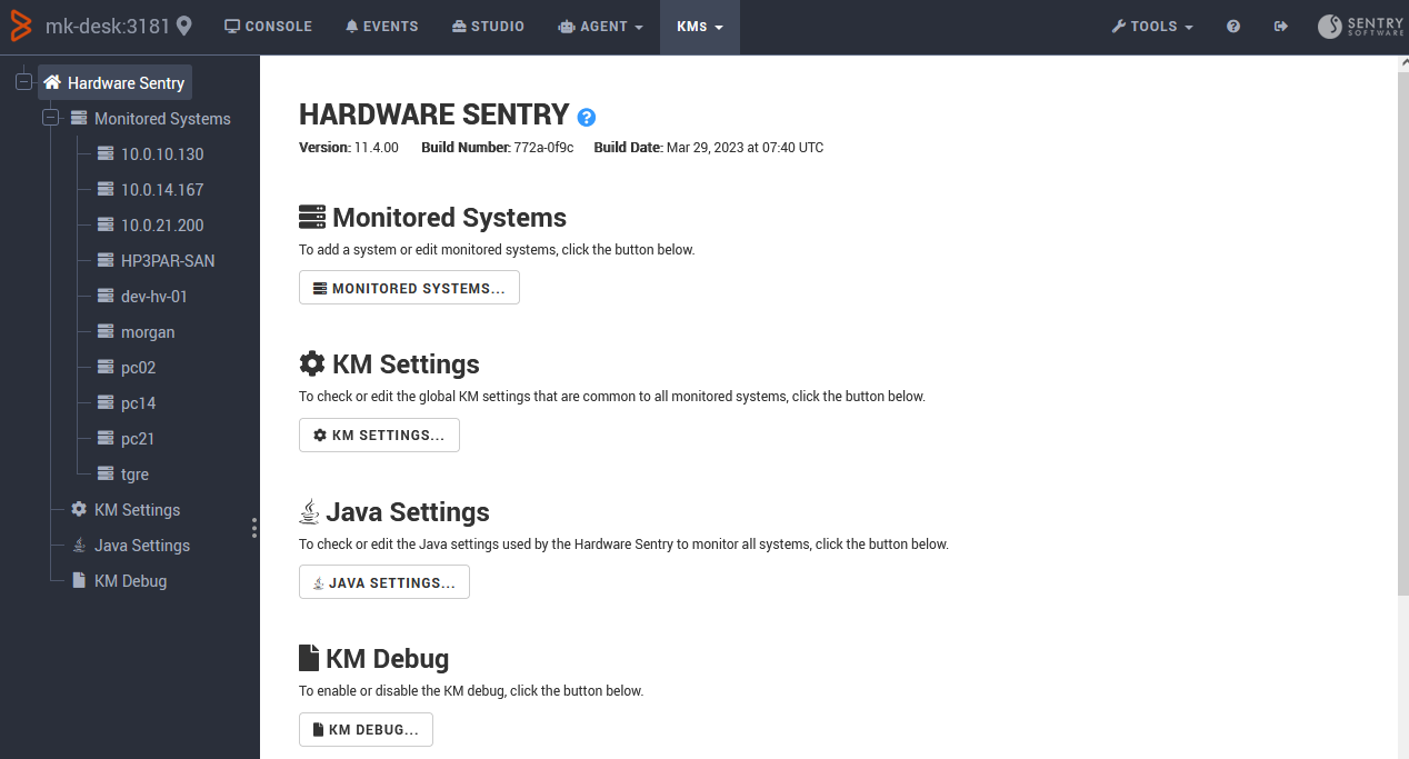 Hardware Sentry Monitored System page in Monitoring Studio Web Console