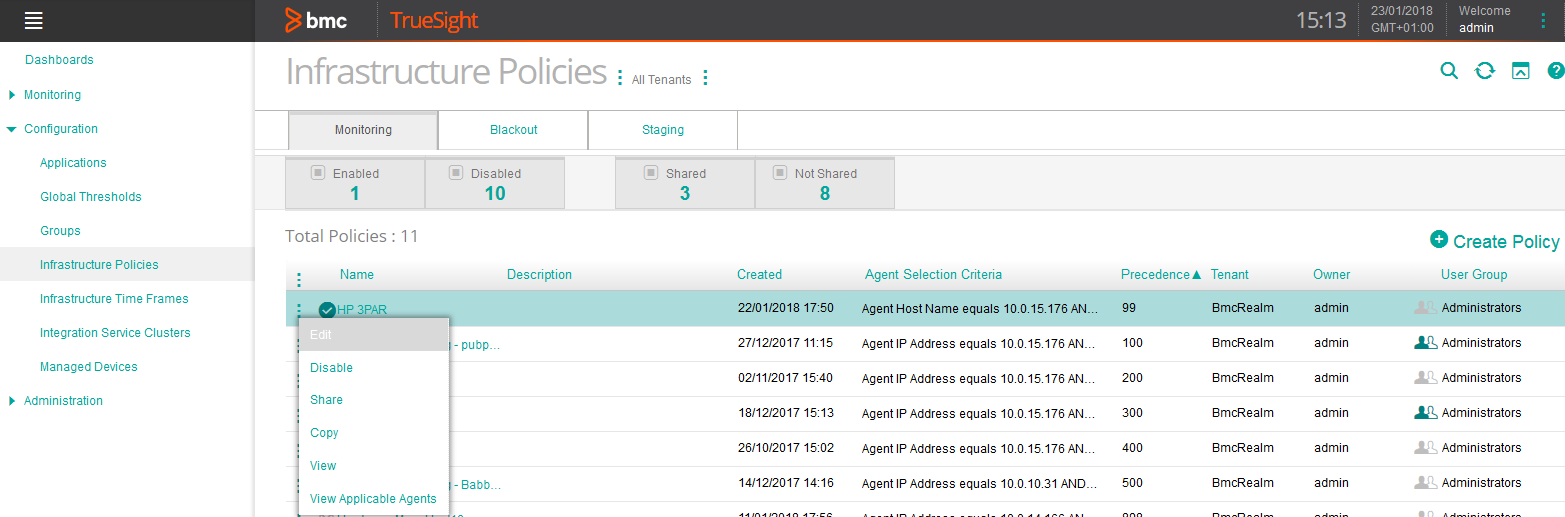 Editing the HP 3PAR Monitoring Policy