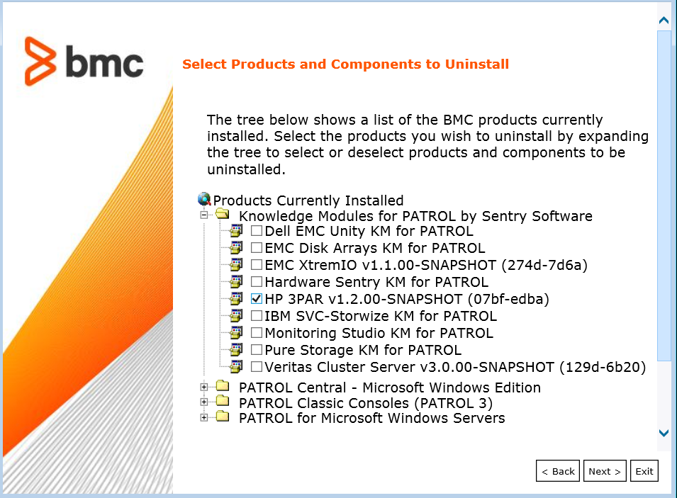 Uninstall Wizard — Selecting Products and Components Directory