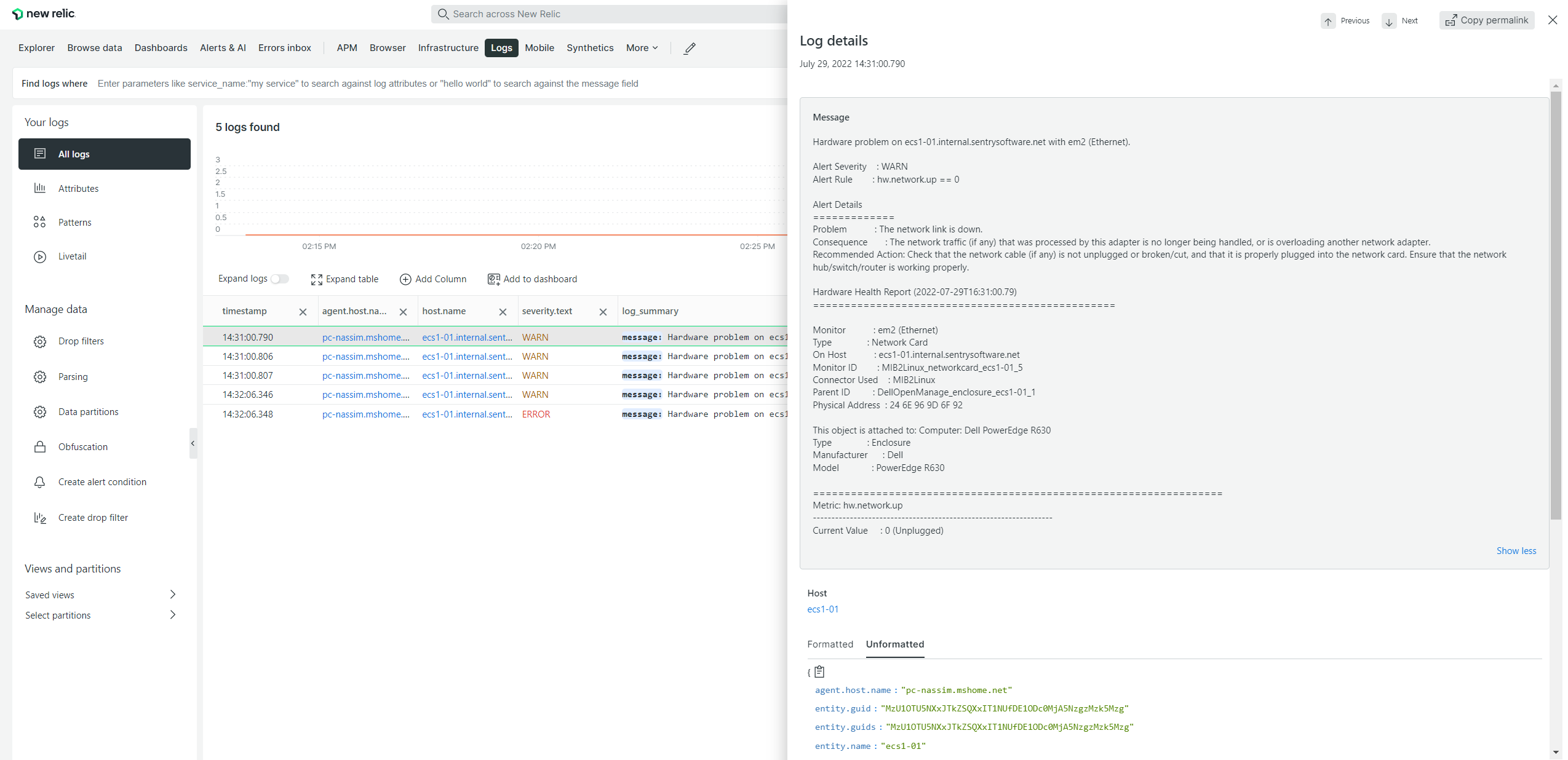 Screenshot of New Relic visualizing hardware problems as logs