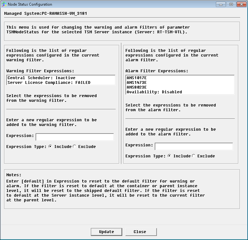 Node Status Configuration dialog
