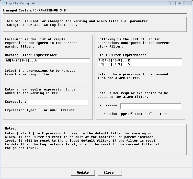 Log Filter Configuration dialog
