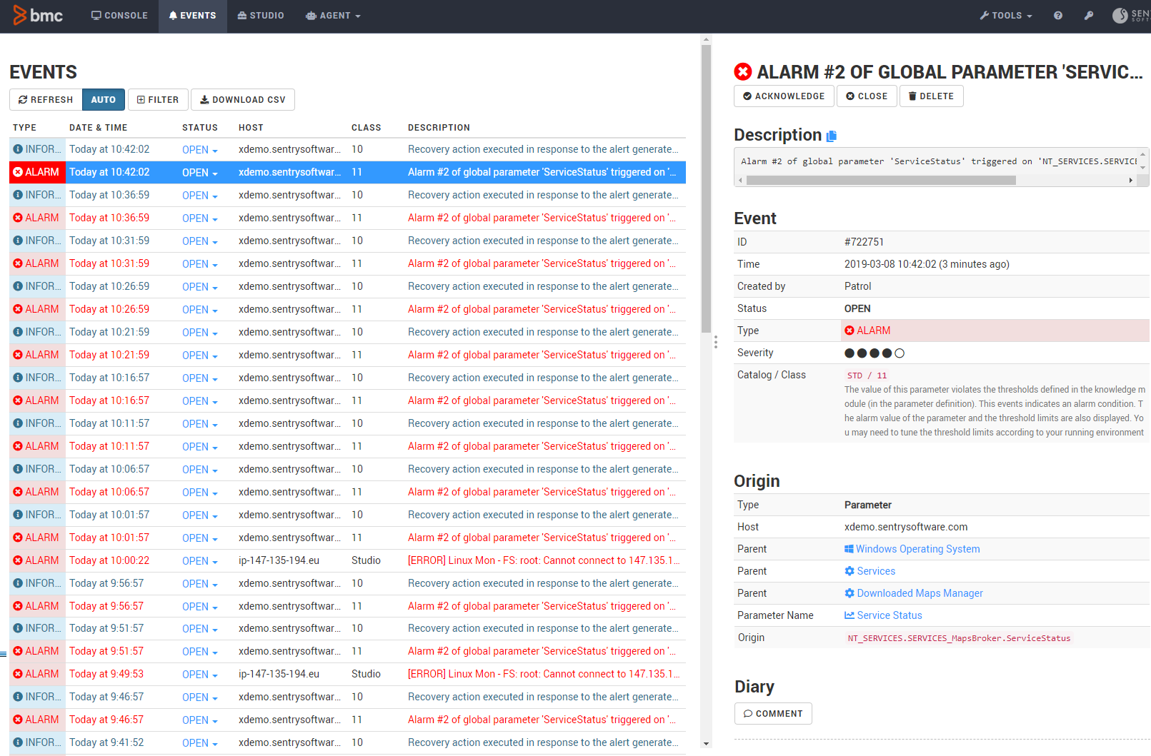 **Monitoring Studio X** Events Page