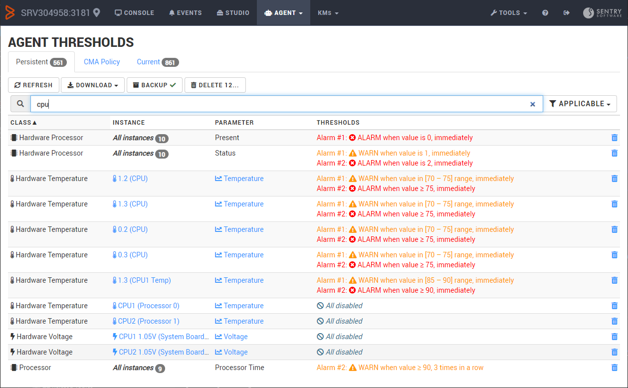 Agent thresholds are displayed in a sortable table and can be downloaded as a .CFG or .CSV file