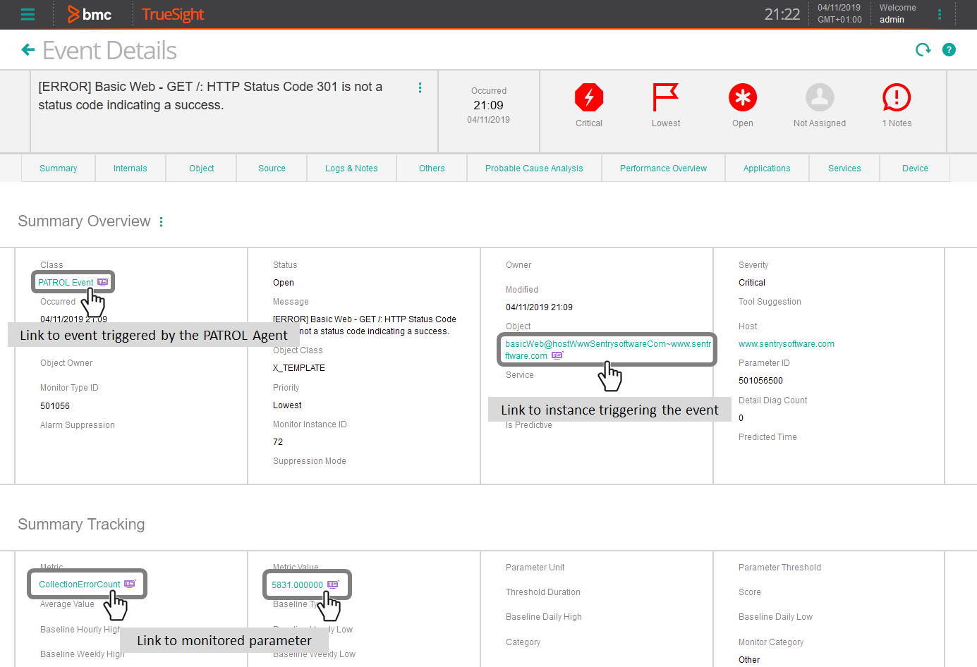 Convenient links to the corresponding instance and parameter on the appropriate PATROL Agent, viewed in Monitoring Studio X