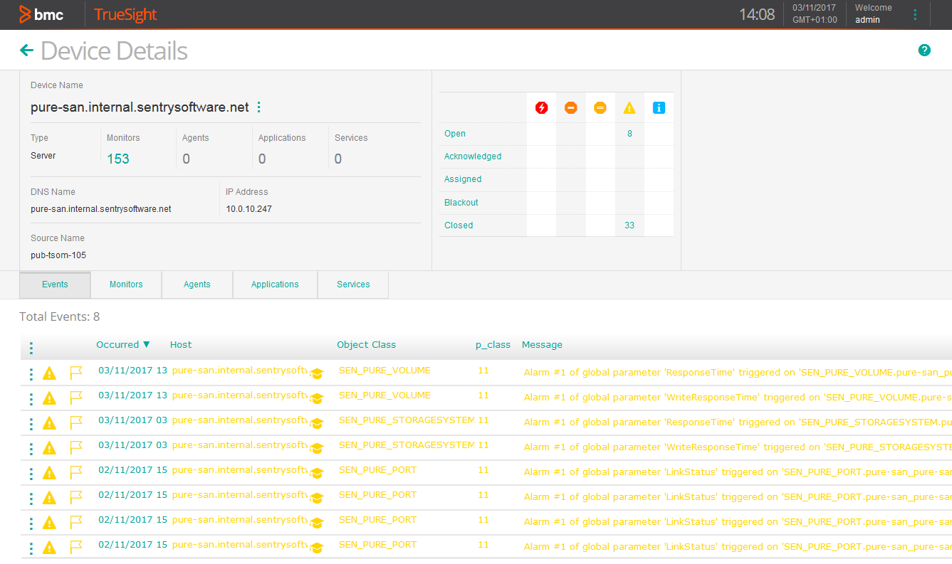 Viewing the Pure Storage Device Events in TrueSight