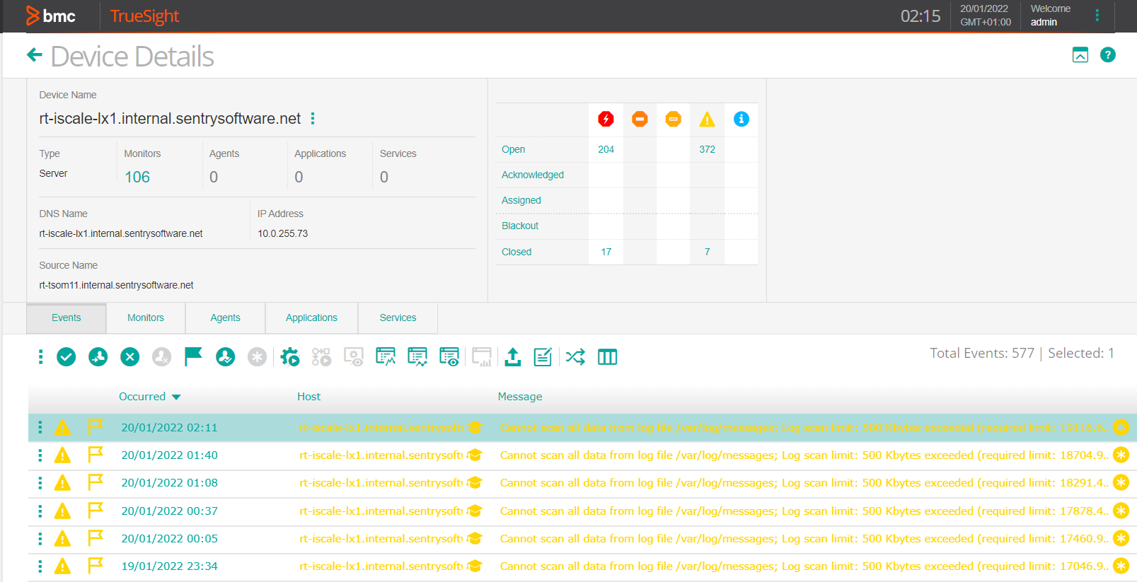 Viewing the Veritas Cluster Server Device Events in TrueSight